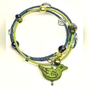 Green Beaded Bird Memory Bracelet